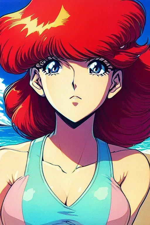 1girl, retro anime, 80's, redhead,portrait, synth-wave colors, beach