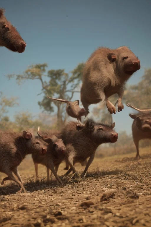 Close-up animation of a mischievous group of wild warthogs wearing sunglasses and attempting to breakdance in a comical fashion.