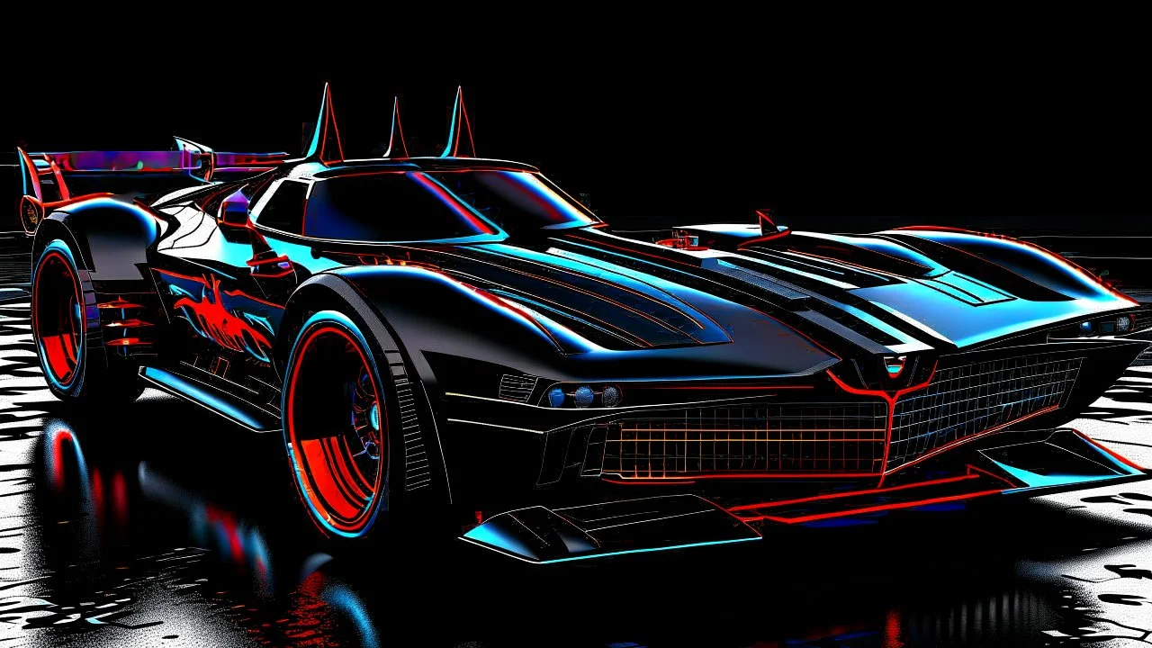 batmobile concept inspired from a 2025 ford mustang dark horse with a large elaborate spoiler and batman symbol style fins, batman symbol in grille, lower wind deflector. red stripes like 1960s adam west batmobile