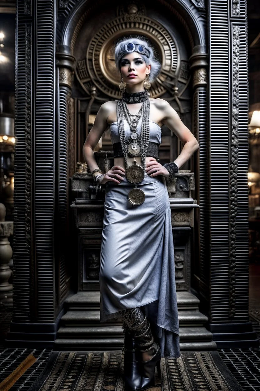 Creation: full body and headshot of a skinny Cleopatra, with a silver bob hairstyle, standing in a steampunk setting.