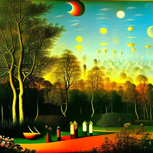 A marvelous landscape, trees, flowers, sun, intricate, Henri Rousseau, Max Ernst, thoughtful, interesting, a bit appalling