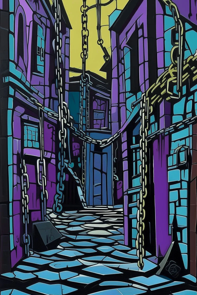 A purplish black dungeon with chains painted by Stuart Davis
