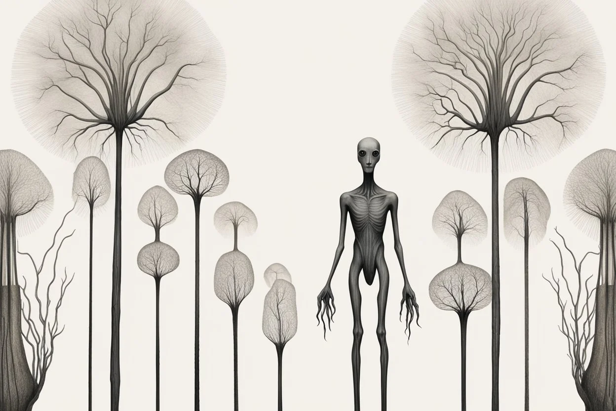 Long high Key-shaped plants, incredibly long-limbed thin alien-like cryptids called "Thins" wrapping themselves around the stems, garden catharsis expelling despair and fear, minimal strange unearthly landscape, surrealism, sharp focus, by Kay Nielson, by Bruno Munari, by Andy Kehoe, sinister whimsey, weird-land, sharp deep colors, art from beyond.