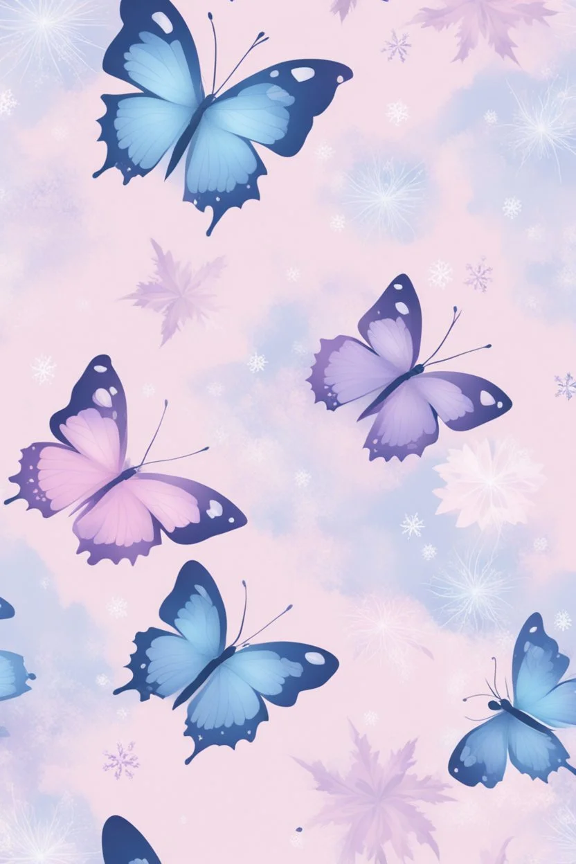 Light pink and light purple butterflies in the blue snowy winter