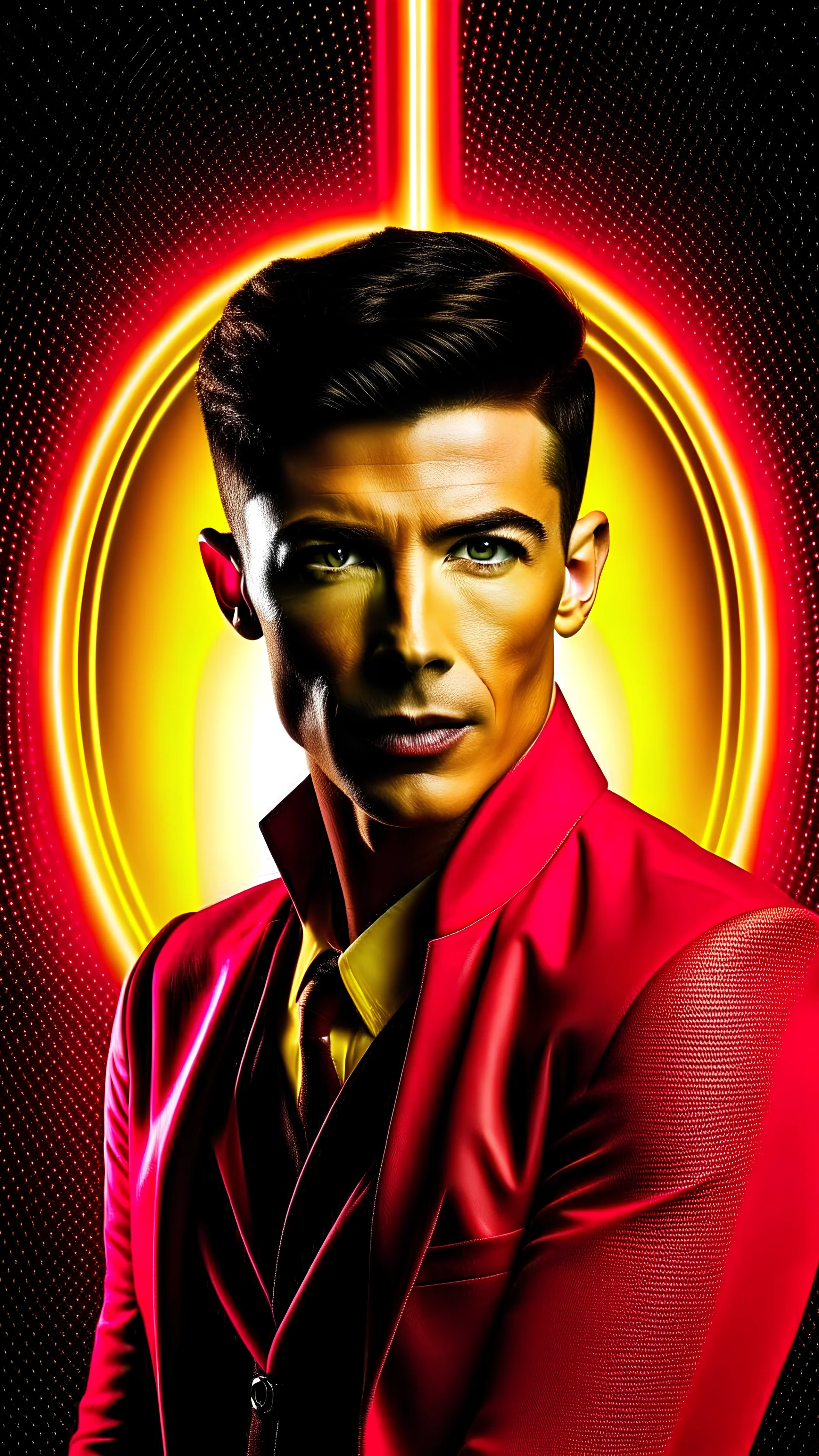 A TV show poster for a with visible The Flash ’like a character background. Cinematic. Make him look like Grant Gustin in 2012. el 4k. in, cinematic,illustration