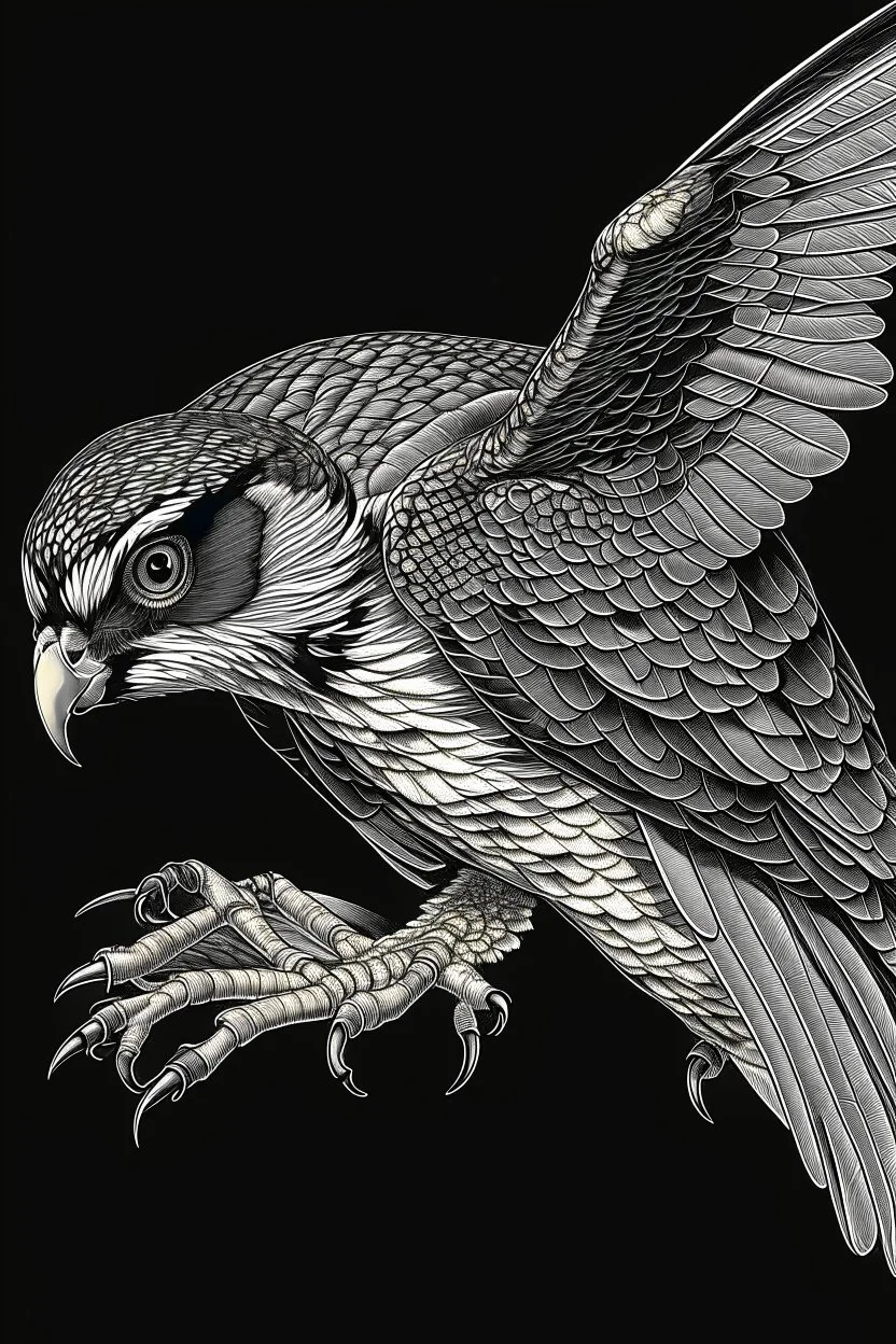 "Create an AI line art piece featuring the Peregrine Falcon, half body short, one of nature's fastest and most agile predators. Capture the bird in flight, showcasing its incredible speed and grace. Highlight the intricate details of its feathers and the intensity in its eyes, embodying the essence of this magnificent raptor."