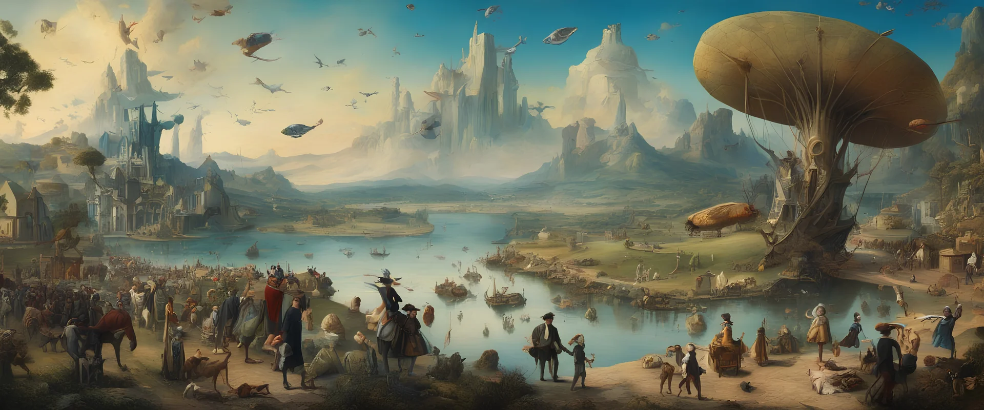 Salvador Dali & Hieronymus Bosch greet each other at an outdoor surrealist market. A herd of dream-like sky-fish swim high in the far distant sky, with a beautiful surreal outdoor countryside summer scene with hills & fields, intricate dwellings, many pathways, streams, waterfalls, waterwheel : very high detail, photorealistic, epic cinematic, 8K, Large depth of field