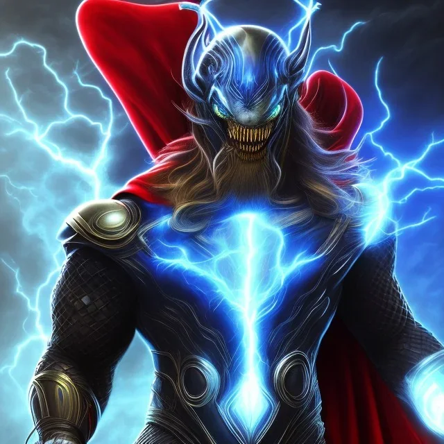 venom thor with blue lightning and medieval helmet with black background