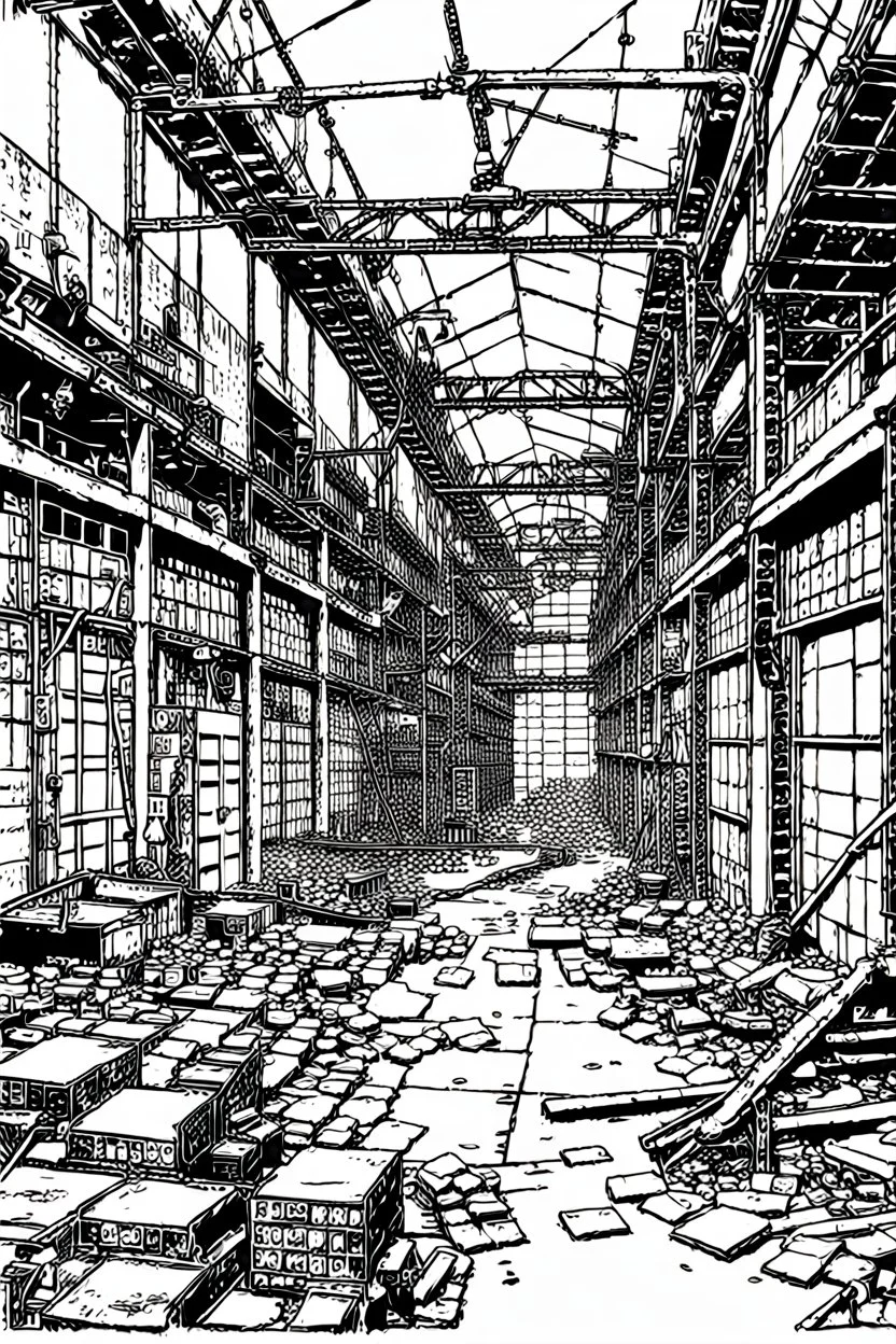 Abandoned industrial warehouses, line arts, manga style