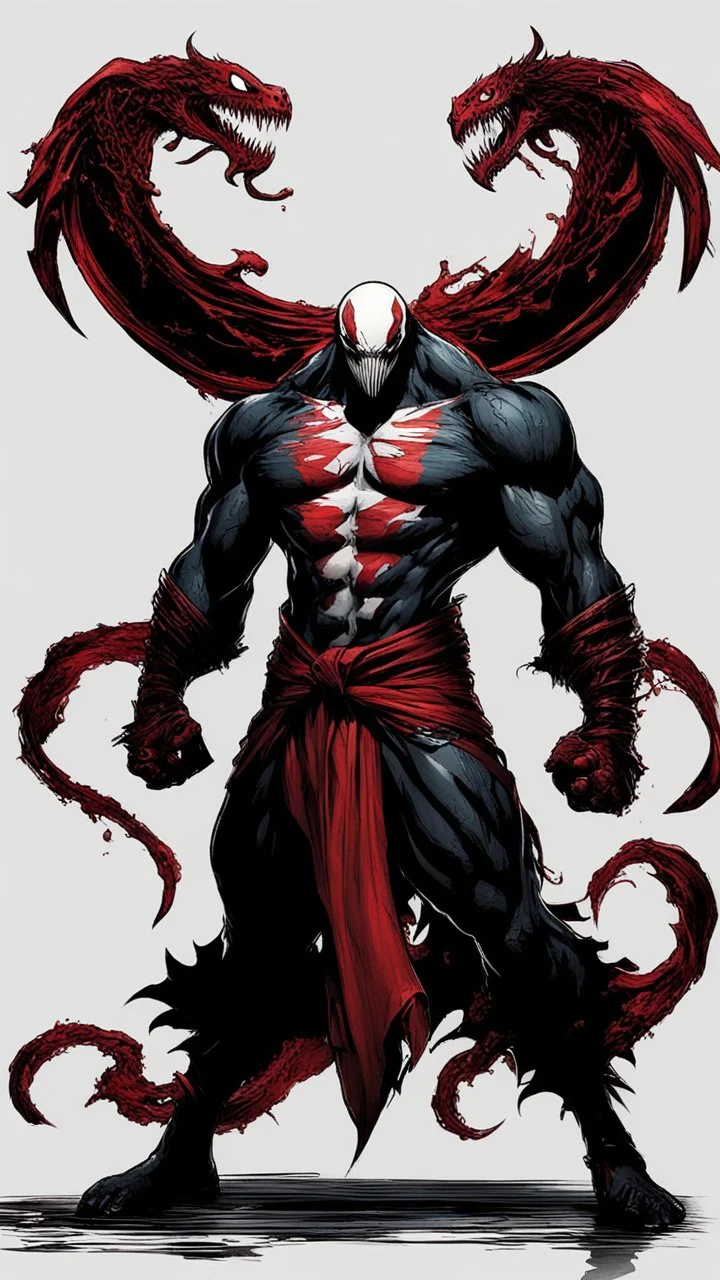 A close picture of Venom symbiote with kratos red tattoos and Clothes, holding blade of choice