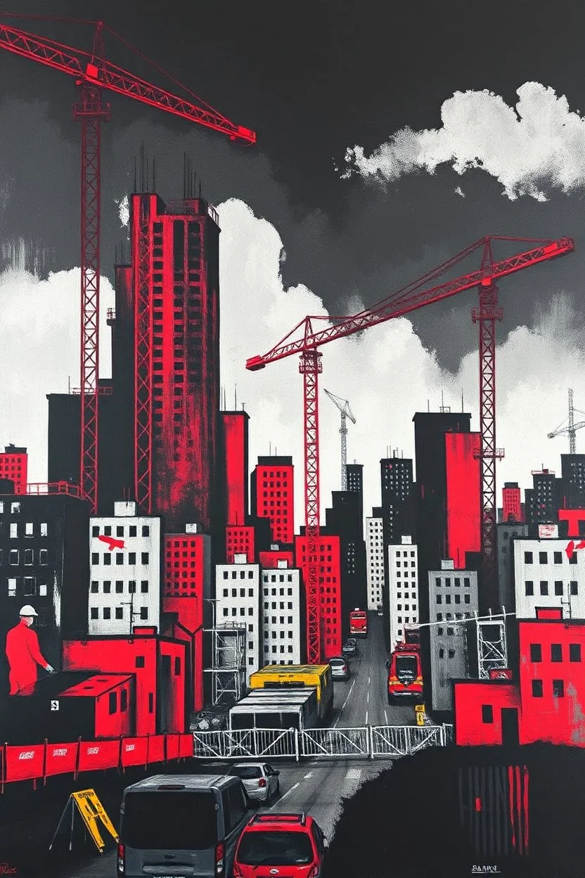 A black and red colored city with a construction zone painted by Sam samarrai