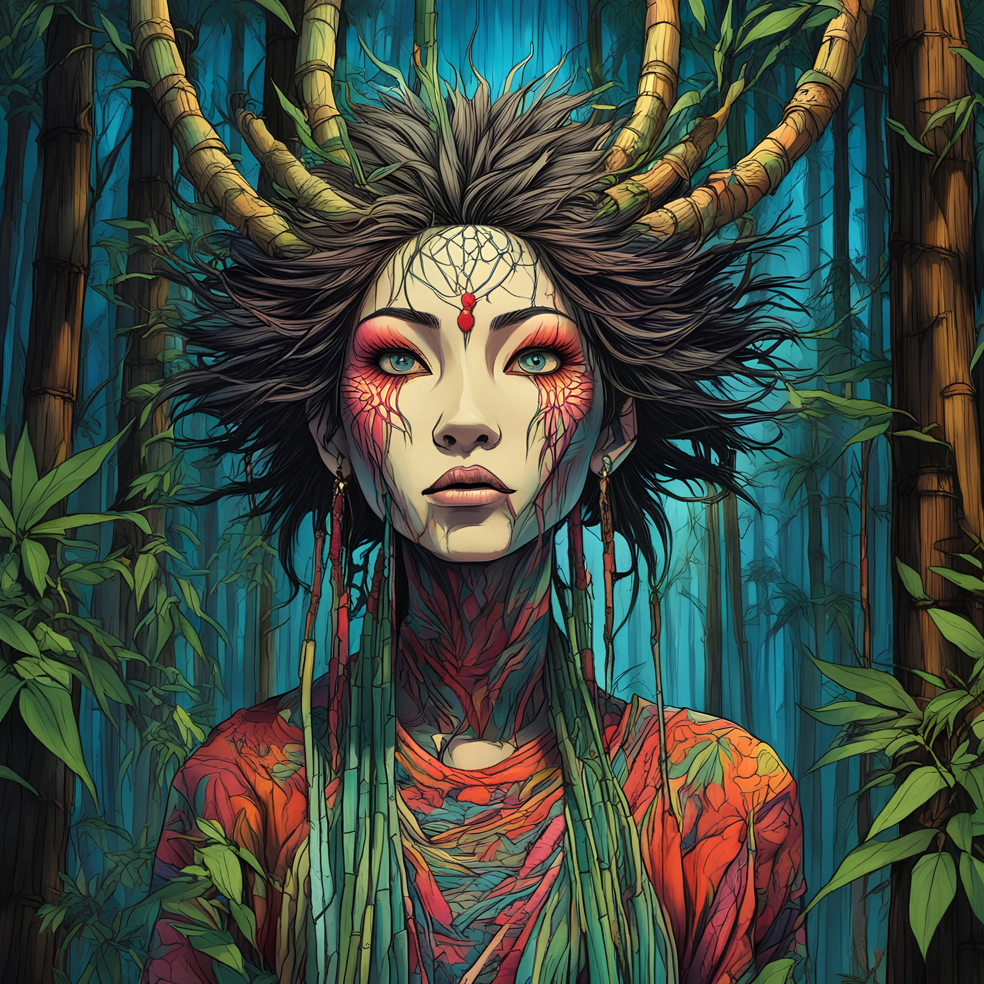 full color front facing portrait of a Yama Uba woman with highly detailed hair and slim, narrow facial features, in a haunted mountain bamboo forest, pierced by shafts of moonlight , danger lurks everywhere but she is undeterred and resolute in her purpose, art in the style of Alex Pardee, spirited away, studio ghibli, , 8k , finely detailed and precise line work, soft natural Spring colors