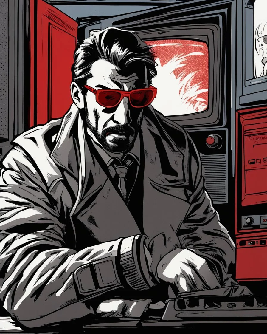 a young man with big muscles who looks like hans gruber wearing a heavy coat and red sunglasses staring with an irritated look on his face smashing a television