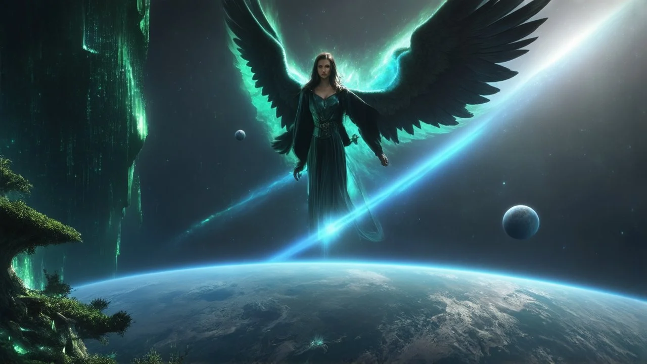 matrix universe, space, planets, god creation, angels from other dimensions with beautiful wings, trees on the planet, behind green crystals of light, few tiberium monolith deposits on the planet near tree,