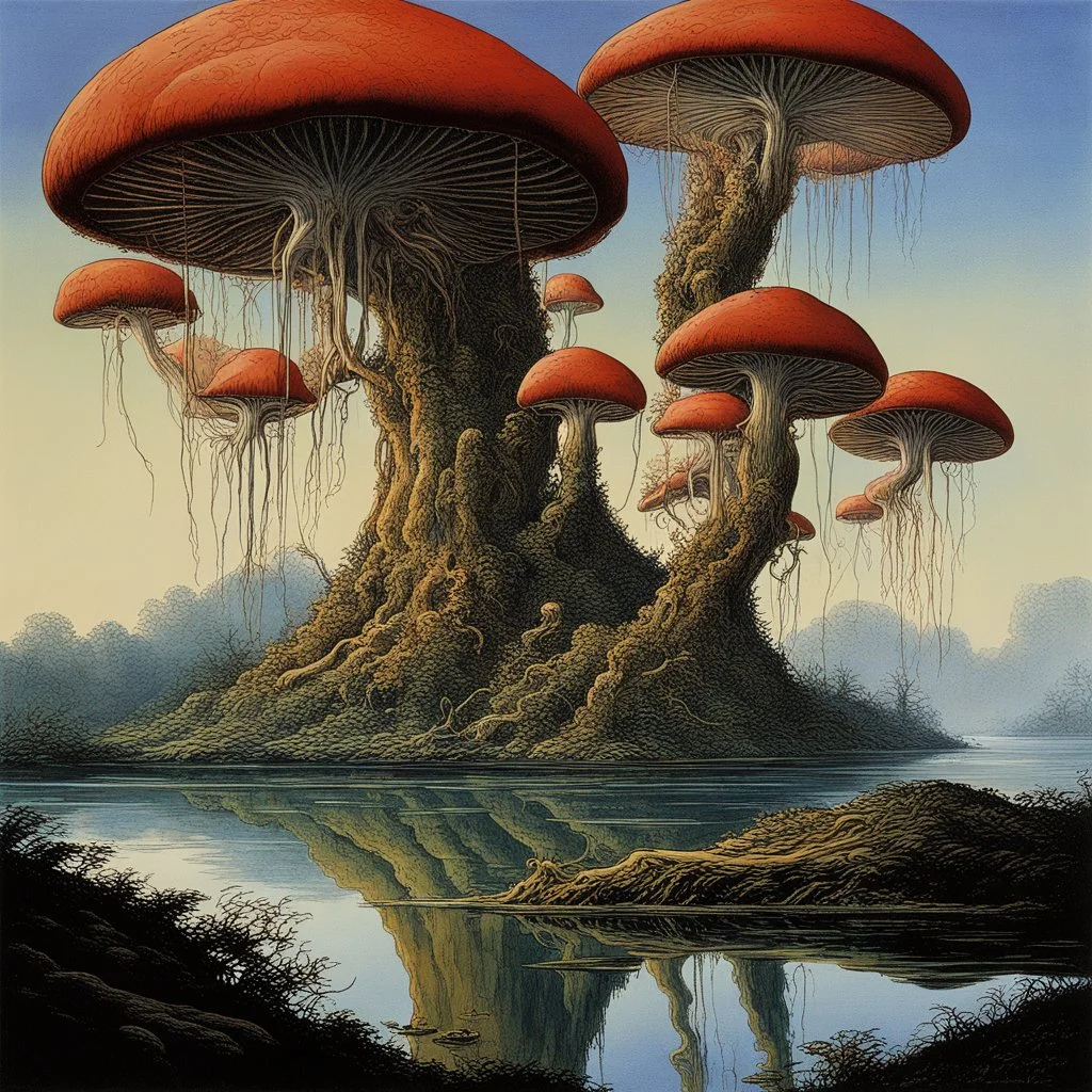 looking out over a lake, in an alien forest, flying mushrooms with jellyfish tenacles formed into gnarled trunks, Roger Dean