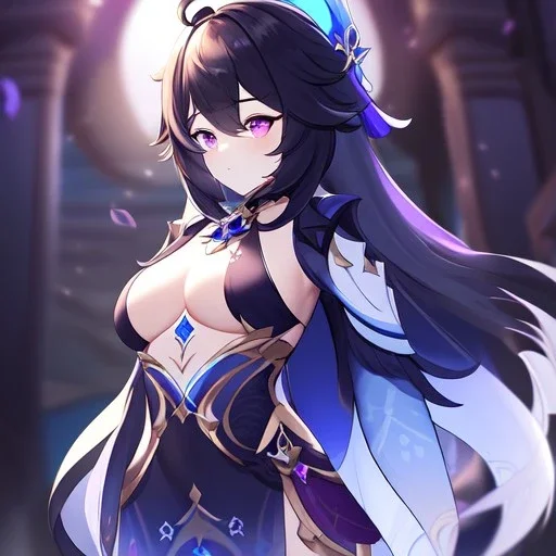 Clear focus,High resolution, Black long fluffy hair, and purple eyes, wearing a Genshin Impact Inspired Outfit,Detailed Clothes,A little bit revealing, must wear a short skirt,