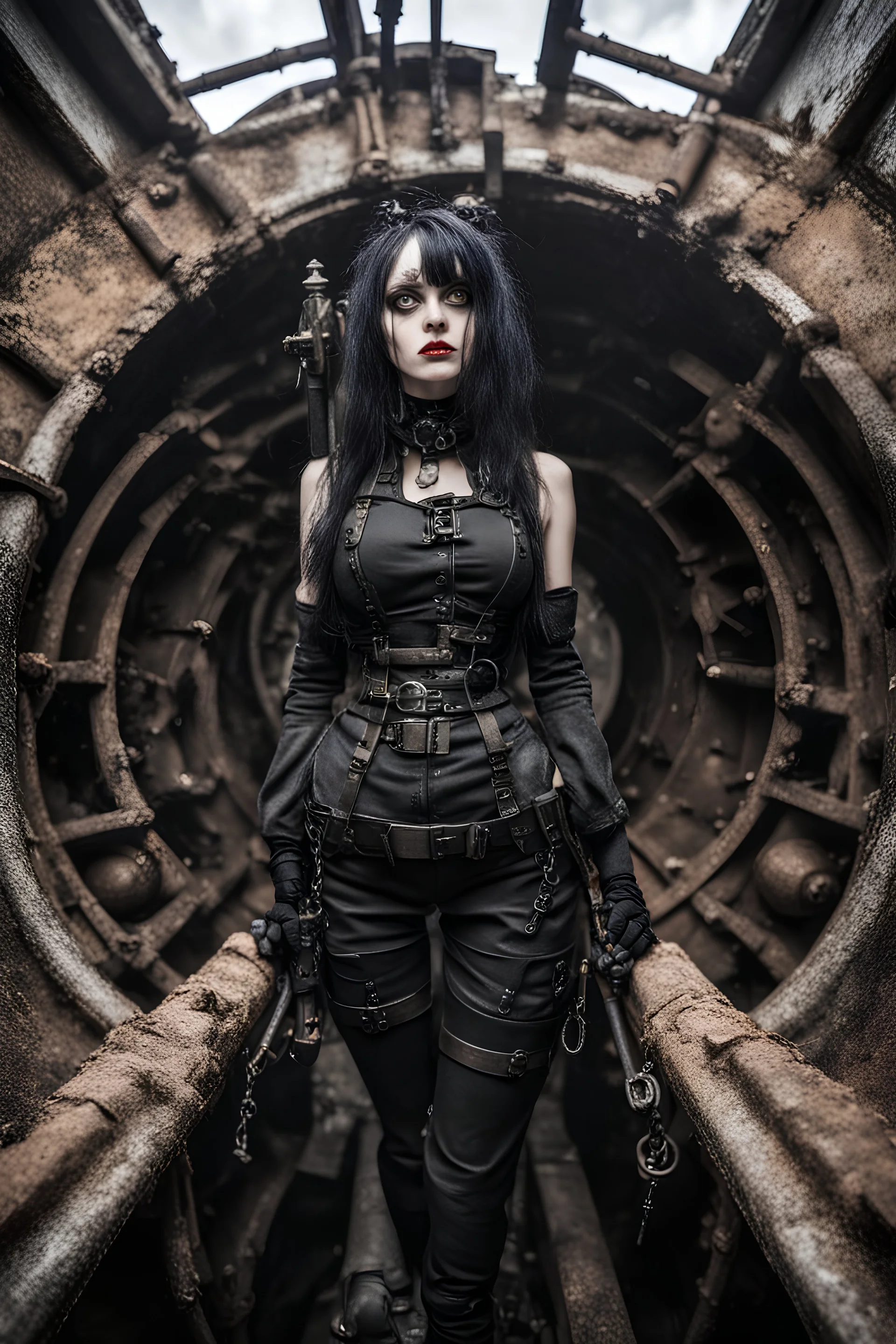 Closeup tall Girl goth with big eyes, ragged clothes, fullbody, dieselpunk, valves, the perspective looking up from the bottom of an empty well , 8k,macro photography,