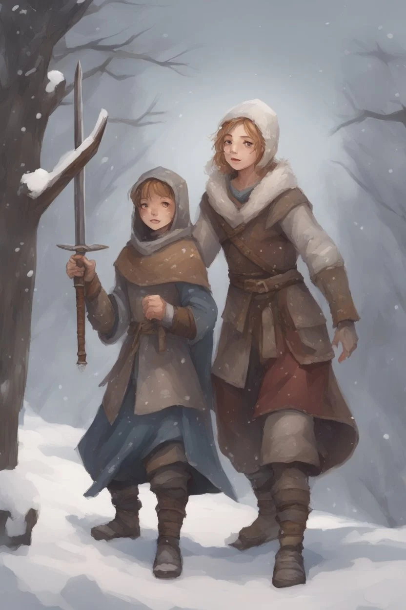 DnD style, two medieval peasant kids playing in the snow male and female, age 14 and 15, happy and playful, he has a short sword.