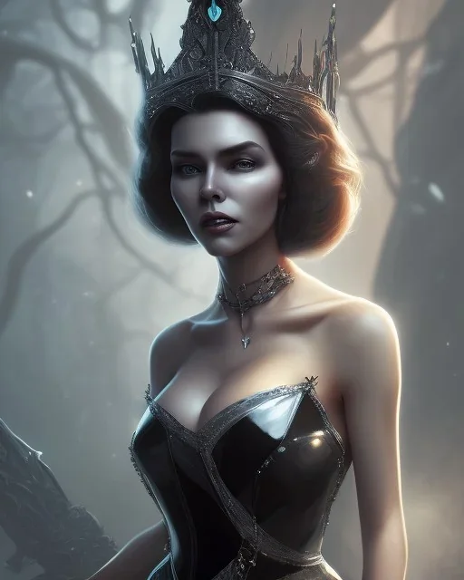 evil queen in black leather gown, busty, cleavage, angry, emperious, 8k resolution concept art portrait by Greg Rutkowski,