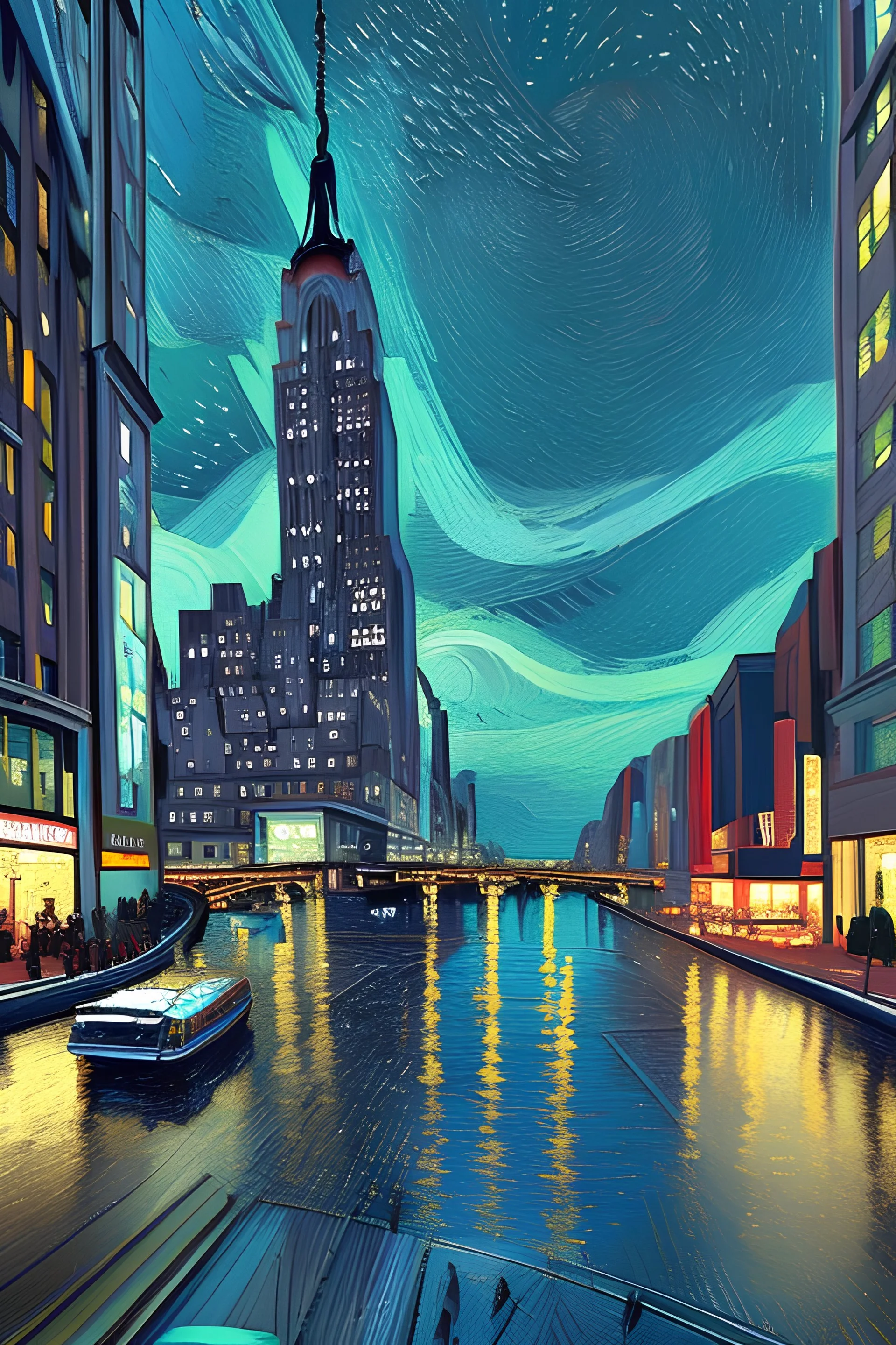 Van gogh illustration of New York hyper detailed and realistic, top view, night with lighting, wonderful, 8k.