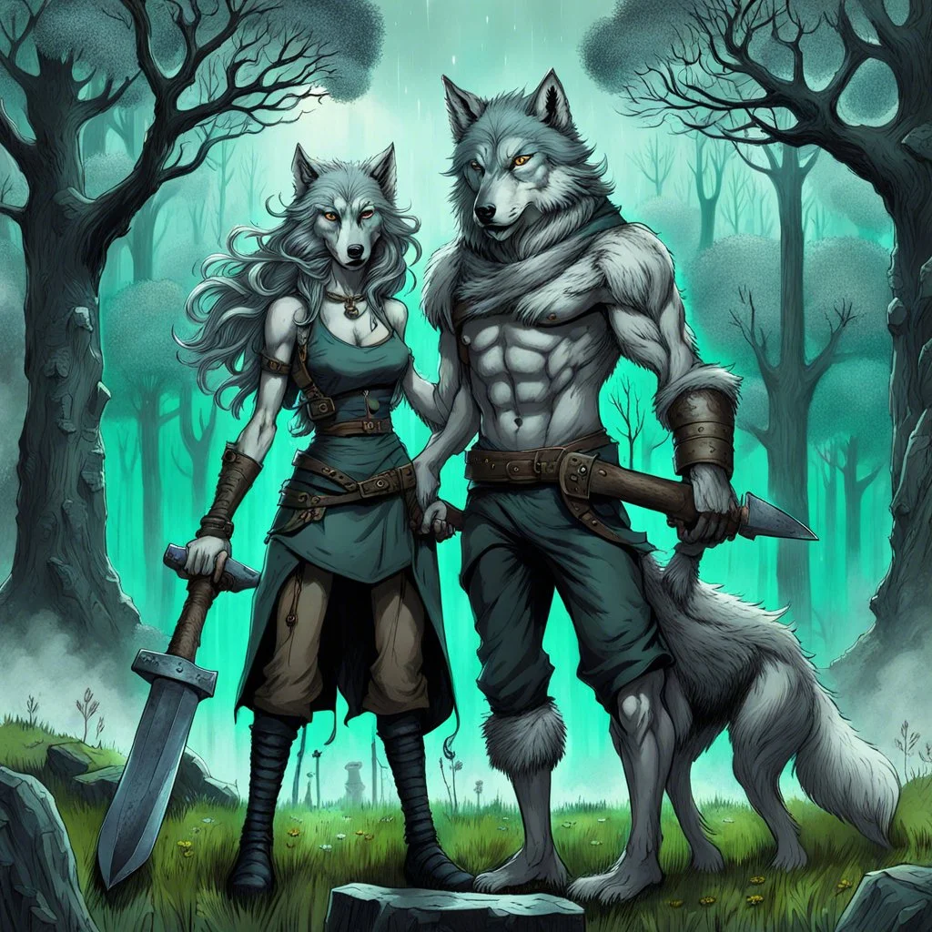 an anthropomorphic wolf-man hybrid in dark gray body hair and anthropomorphic wolf-female hybrid with pale gray body hair carrying a blacksmith's anvil in a blue-green meadow, in the background trees with huge trunks rainy day, high contrast, high detail, atmospheric, dark fantasy, sci-fi atmosphere