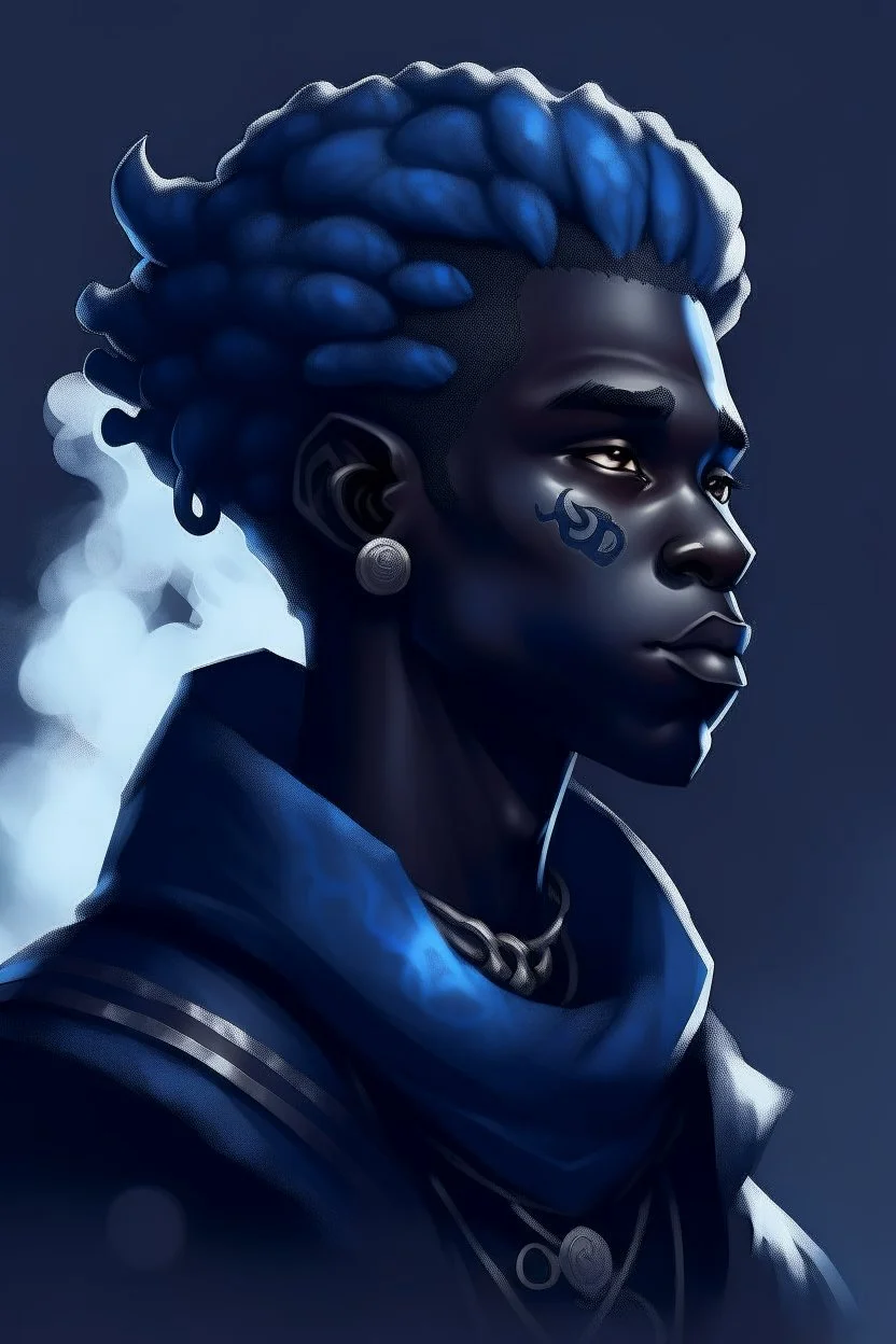 A young male Air genasi with black skin smoke some hair