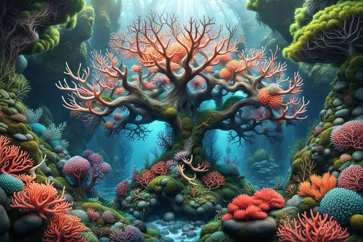 3D rendering of Expressively detailed and intricate of a hyperrealistic “coral”: front view, colorful, antler, rainforest, tribalism, detailed with flowers, shamanism, cosmic fractals, dystopian, octane render, 8k post-production, dendritic, artstation: award-winning: professional portrait: atmospheric: commanding: fantastical: clarity: 16k: ultra quality: striking: brilliance: stunning colors: amazing depth