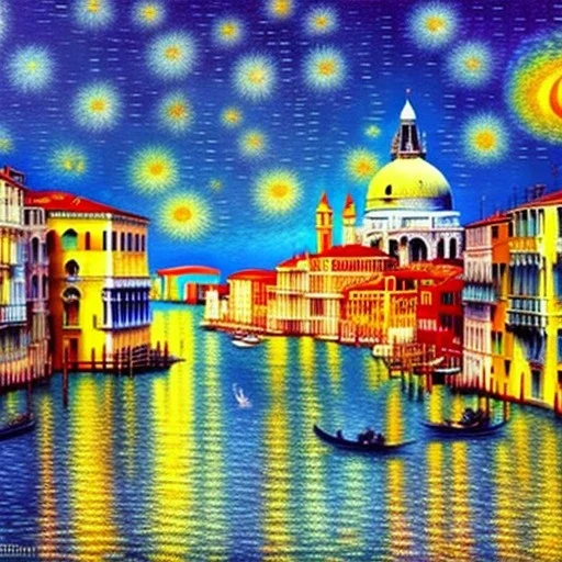 Dibujo al oleo de la ciudad Venecia con muchas nubes de colores estilo Vincent van Gogh