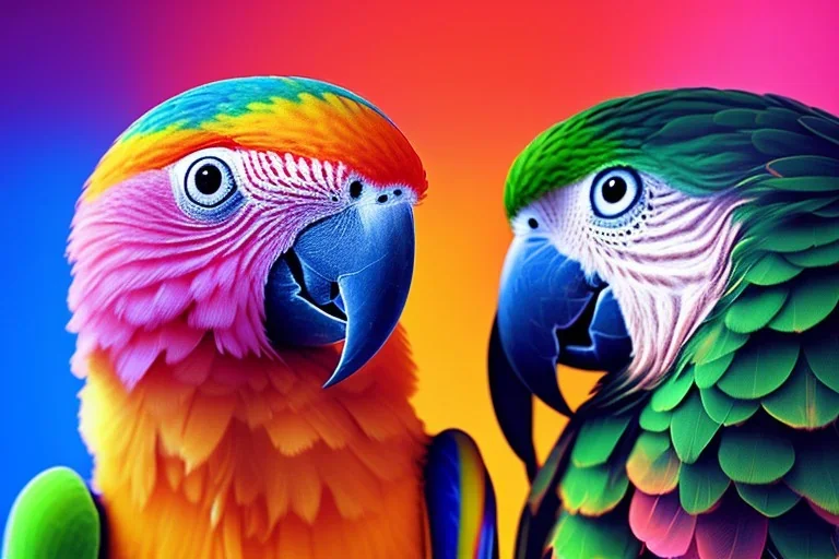 photorealistic, 85mm photo, studio lighting, parrot, by lisa frank, polychromatic colors, thick, rose quartz, dark background