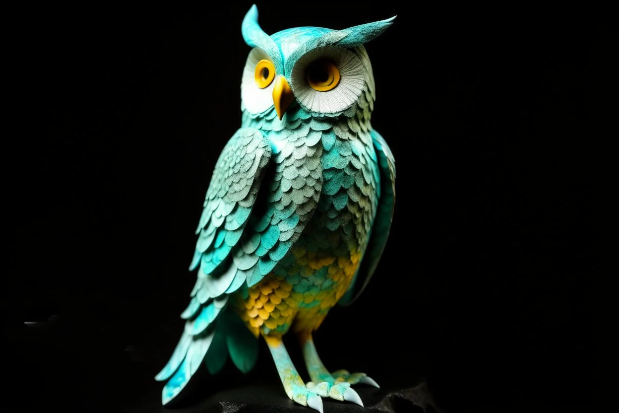 A turquoise ice elemental owl designed in Chinese paper art painted by Georges Seurat