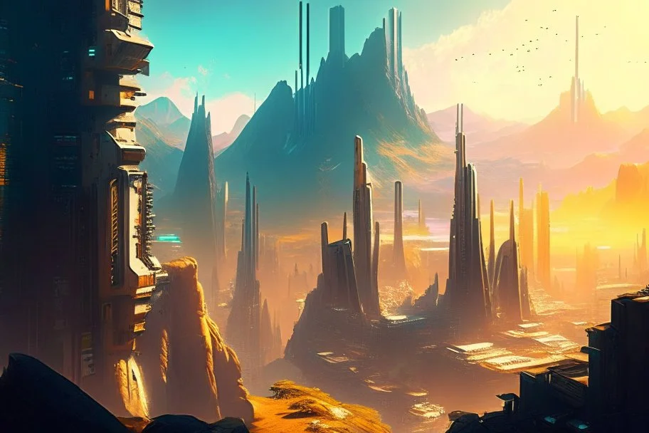 cyberpunk city, sunny day, valley, mountains, sci-fi, epic