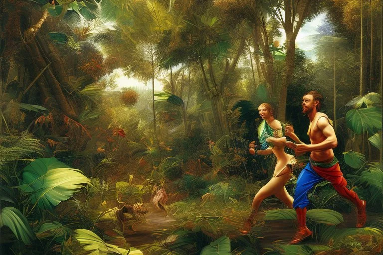 man running in colorful jungle by Caravaggio