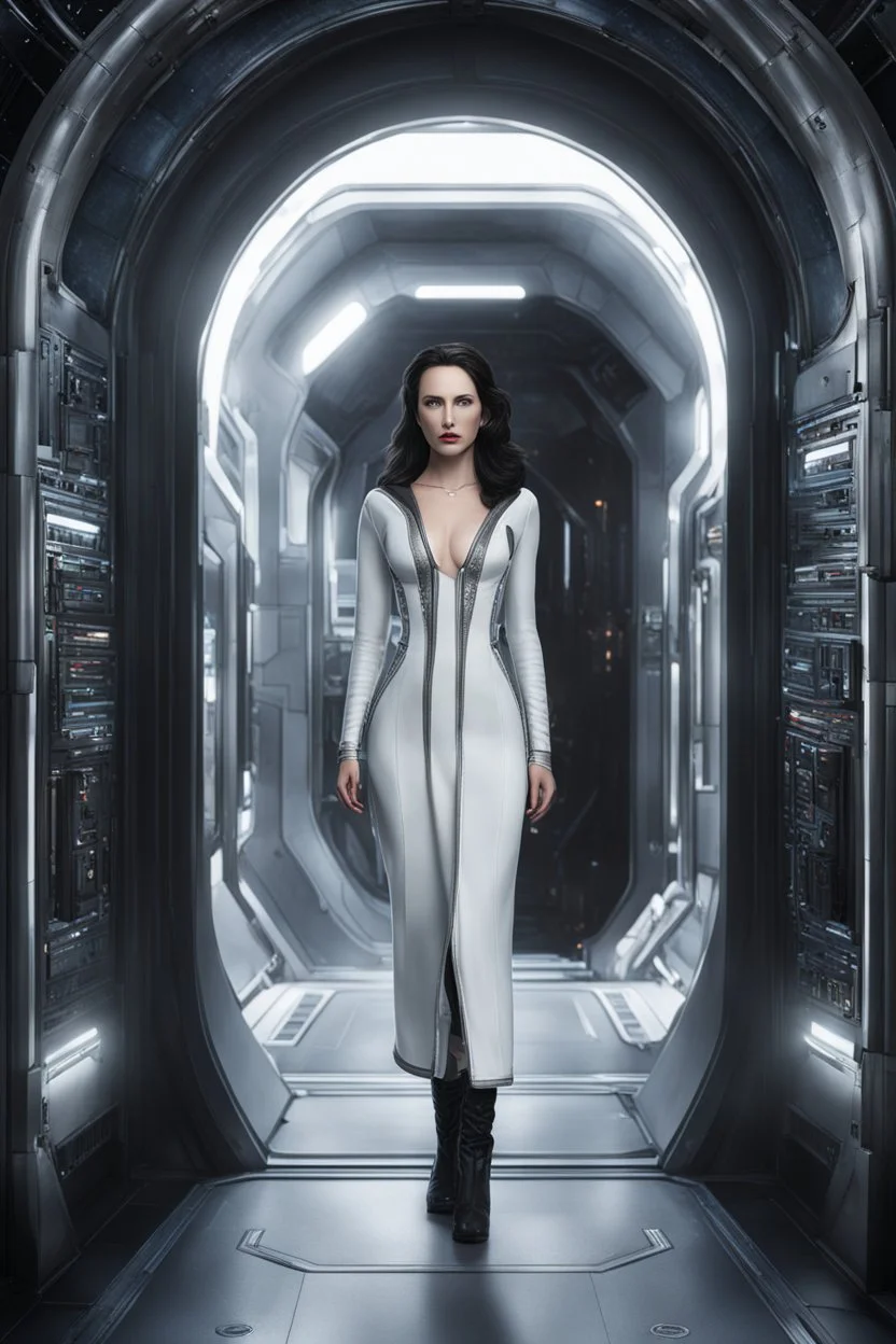 photorealistic slim woman looking and dressing like Drusilla standing at the entrance to a spaceship