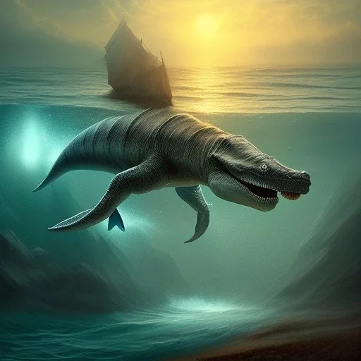 sea dinosaur from the past, book cover, fantasy art, sandy beach, water, reflection, misty, detailed