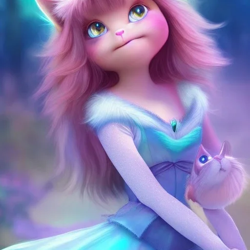 Cute beautiful princess cat girl in a fantasy world; shining eyes, magical view, extremely detailed long fur, high quality picture, beautiful full volumetric lighting, cinematic shimmering illumination, brilliant coloring, smooth, sharp focus, crispy quality, vray; Pixar, Disney, Artstation; HD, HDR, SF, CGSociety, 16k, photorealistic, unreal engine