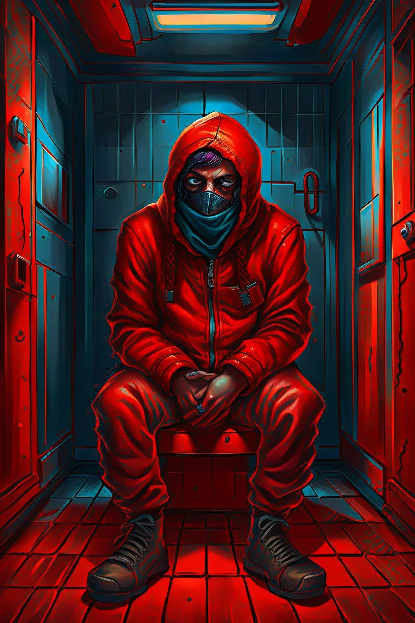 A scary gothic person sits quietly in the middle of a soundproof, padded room conveying intense dramatic emotions in a muted environment, wearing a bright red straitjacket , a mask to cover the mouth area of cannibal evil scary, dark and gothic look, cold eyes, eary ultra detailed,.32k, digital art style with messy paint, hardened sealer appearance, impasto, dramatic Arial view with explosive chaotic background