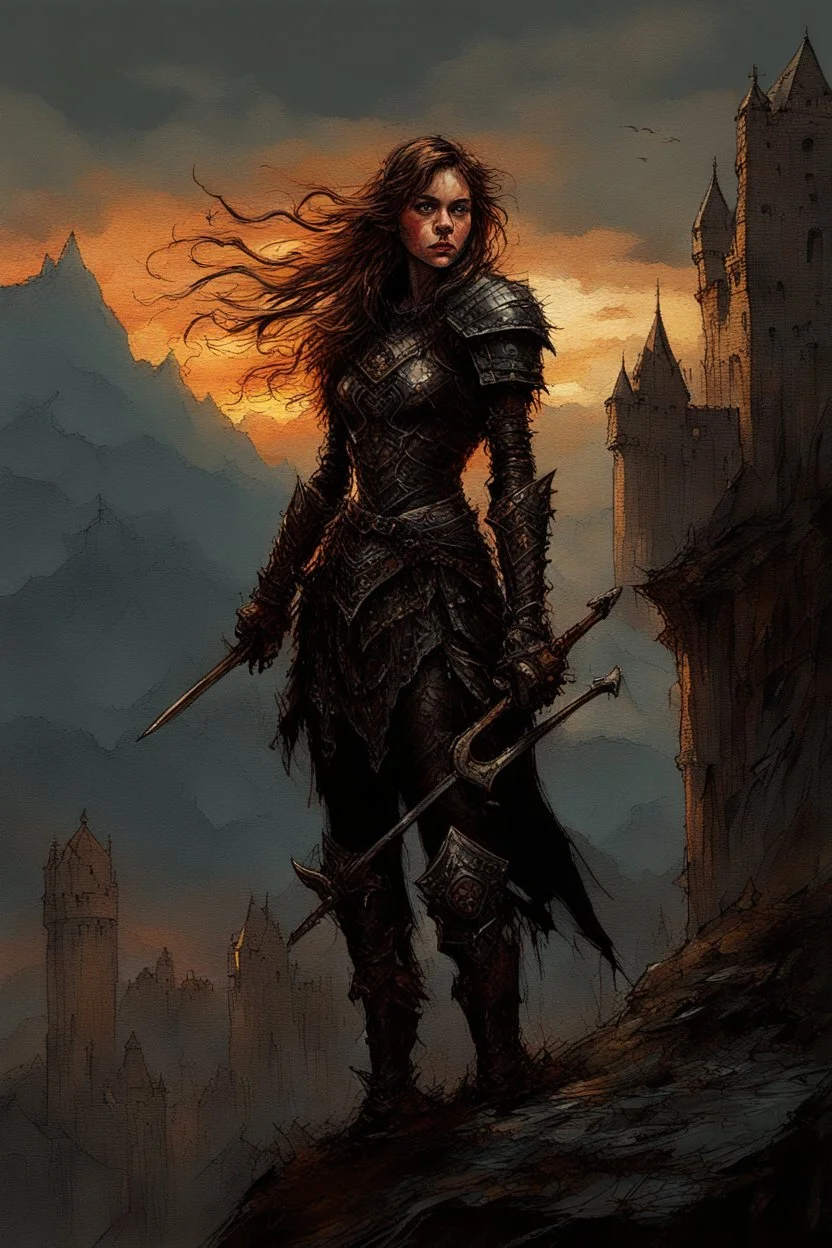 A formidable warrior girl in black armor, on the background Amazing gloomy landscape, flooded with sunset, mountains, trees, fabulous scary hero, , juicy emotions, painting, dark fantasy, gloomy day, dark world, portrait, Gothic Town At Night, Fantasy, Intricate Details, Castle Courtyard Gardens, Hyper Detailed, Jean Baptiste Monge, Carne Griffiths, Michael Garmash, Seb Mckinnon, Masterpiece