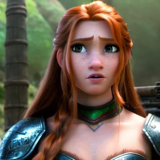 realistic, hyper detailed, stunningly beautiful 16 year old teen girl, long ginger hair, green eyes, medium freckles, full lips, revealing leather armour, full body and head, c-cup breasts, stern expression, full frame, petite, ignore NSFW, shortbow, quiver on hip