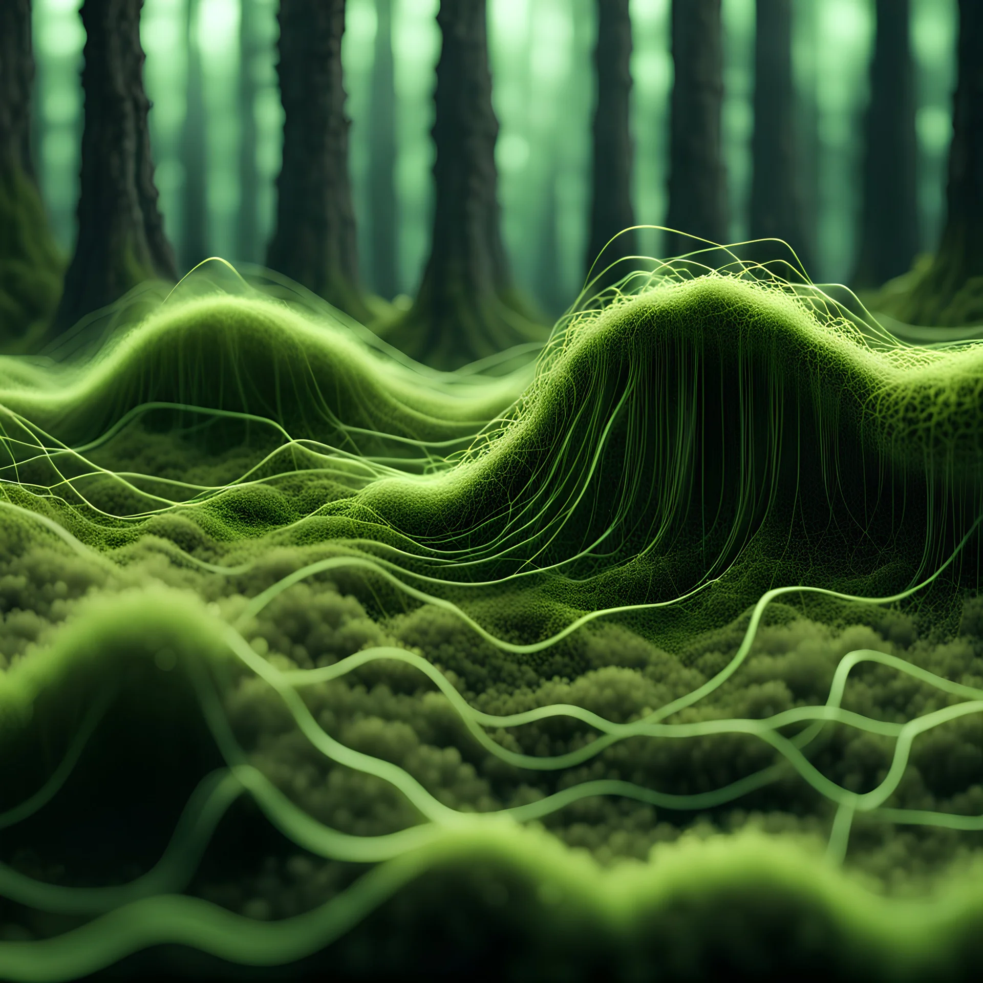 Musical Wave , Green Moss Wave, Natural Moss network lines , Realistic 3D Render, Macro, mesh, wave network, geometric, Nikon Macro Shot, Kinetic, Fractal, Light Led Points, Generative, Neural, Computer Network, Connections, Forest Moss Strings,