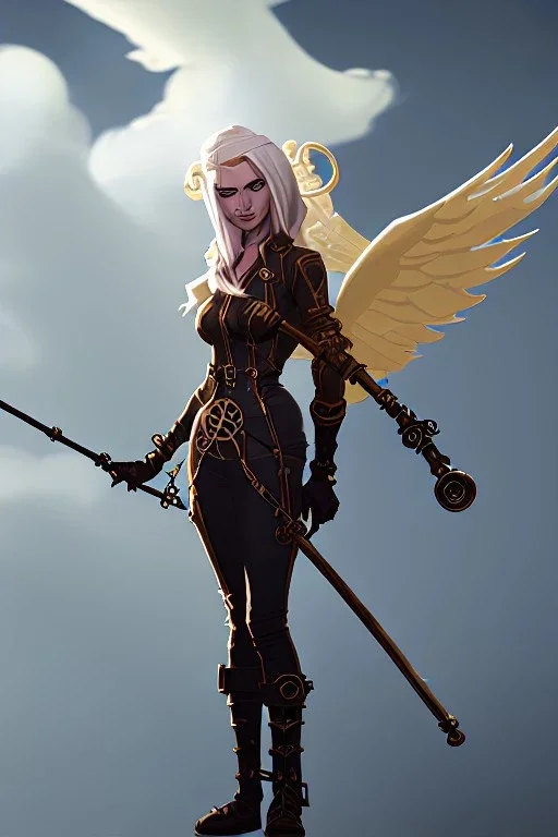 clouds, blonde steampunk angel holding staff, majestic