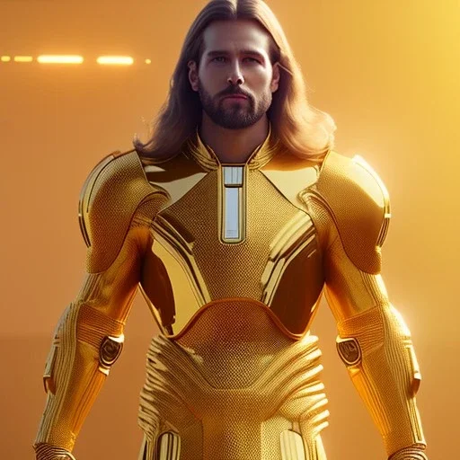 beautiful cosmic golden male, long hair, nice smiling, delicate colors, beautiful glamour galactic golden dress, ultra sharp focus, 8k, unreal engine 5, extremely sharp detail, light effect, soft light atmosphere of a spaceship, smooth, full of details, face in front, complete vision of face and body