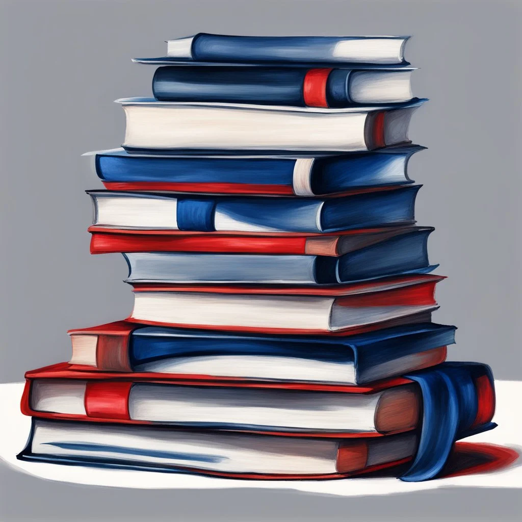 Hand drawn illustration, oil painting, midnight blue and red, stack of books with airbrushed tape, white background only