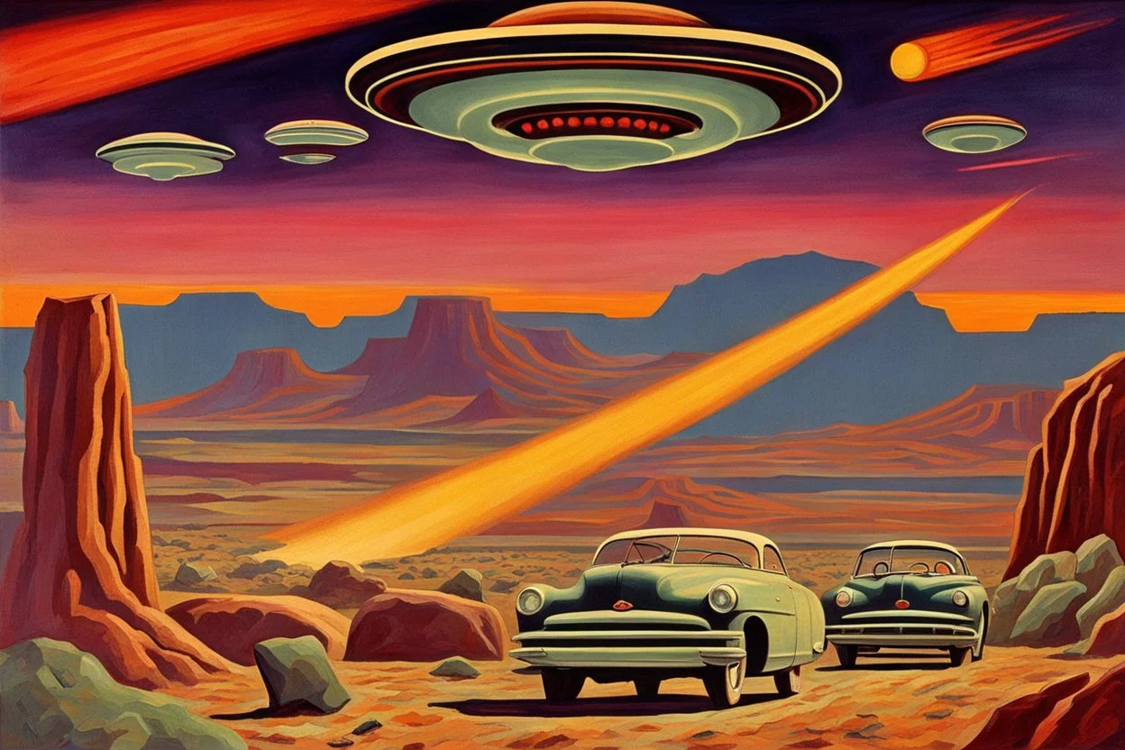 retrofuturism landscape with ufo in the sky, mountains, cars, rocks, 1950's sci-fi movies influence, henry luyten and ludwig dettman impressionism paintings