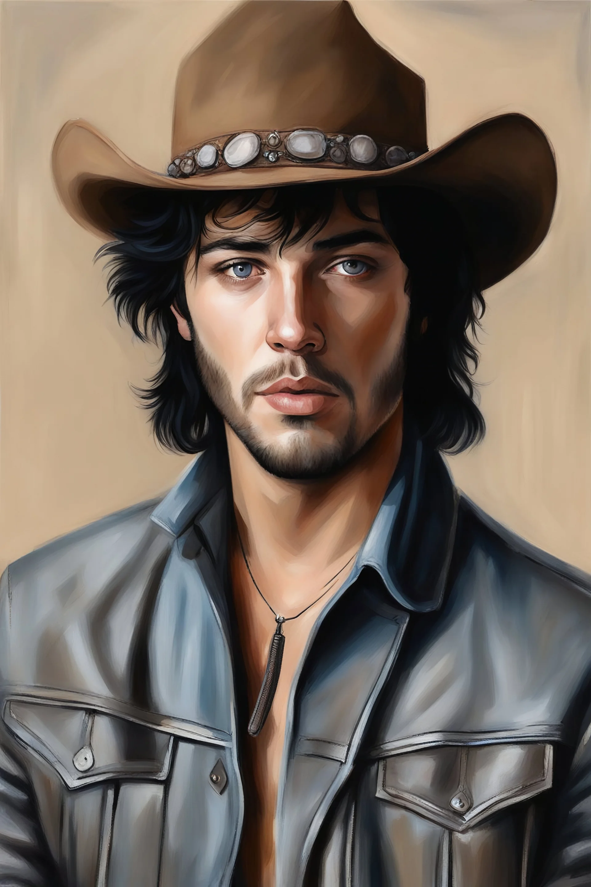 facial portrait, 18-year-old Elvis Paul Stanley Keanu Bernthal, cowboy hat, tan leather jacket, blue shirt, blue eyes, short hair, oil painting, elegant, highly detailed, centered, digital photograph, smooth, sharp focus,