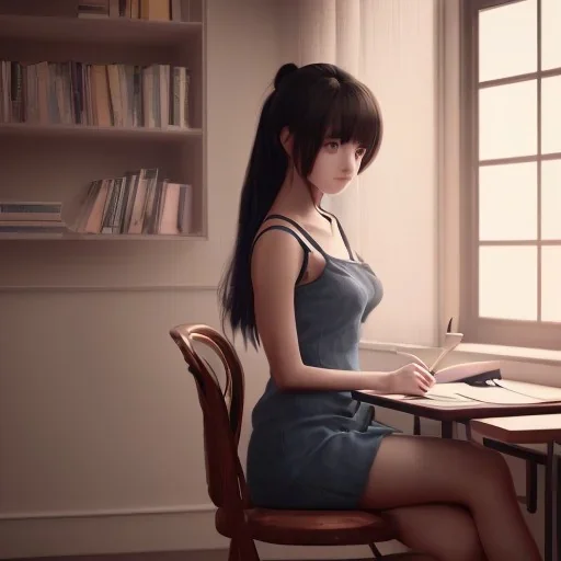 Beautiful girl studying in room, anime style