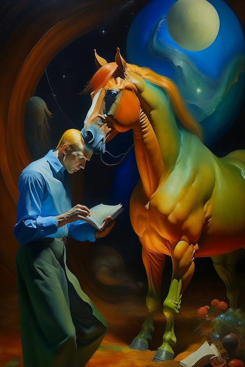 Doctor discovering alien inside horse in the style of Ginger,prize winning oil painting,book cover illustration