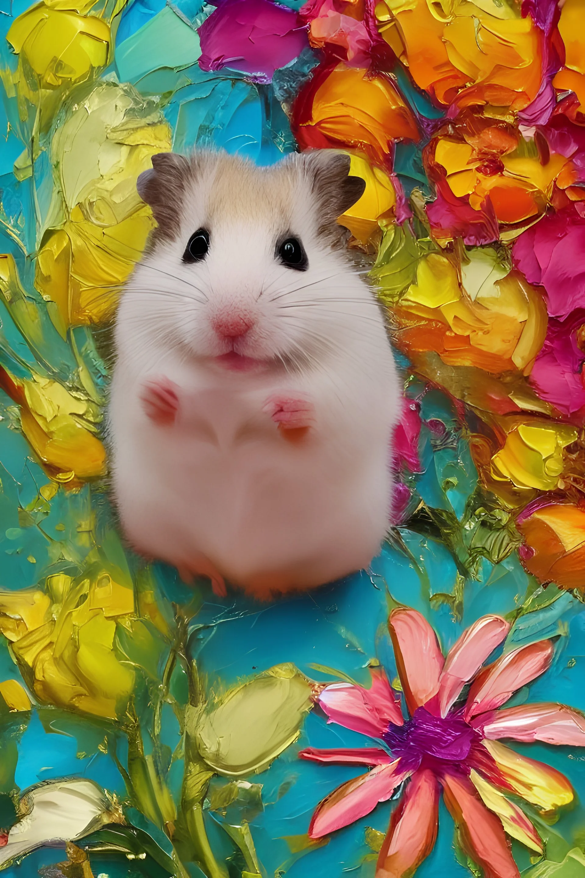 (adorable hamster) surrounded by (colorful flowers) ; warm lighting ; thick metallic brushstrokes ; artistic dripping glossy metallic gauche painting (distorted face) ; ((ugly)) ; ((text)) ; ((artist signature)) ; (((white border))) ; (disfigured) ; deformed ; low resolution ; ((blurry)) ; blurred ; (out of focus) ; (out of frame) ; (poorly cropped) ; mutation ; mutated ; (bad anatomy) ; ((logo)) ; ((watermark)) ; (extra limb) ; (missing limb) ; (floating limbs) ; (disconnected limbs) ; grainy ;