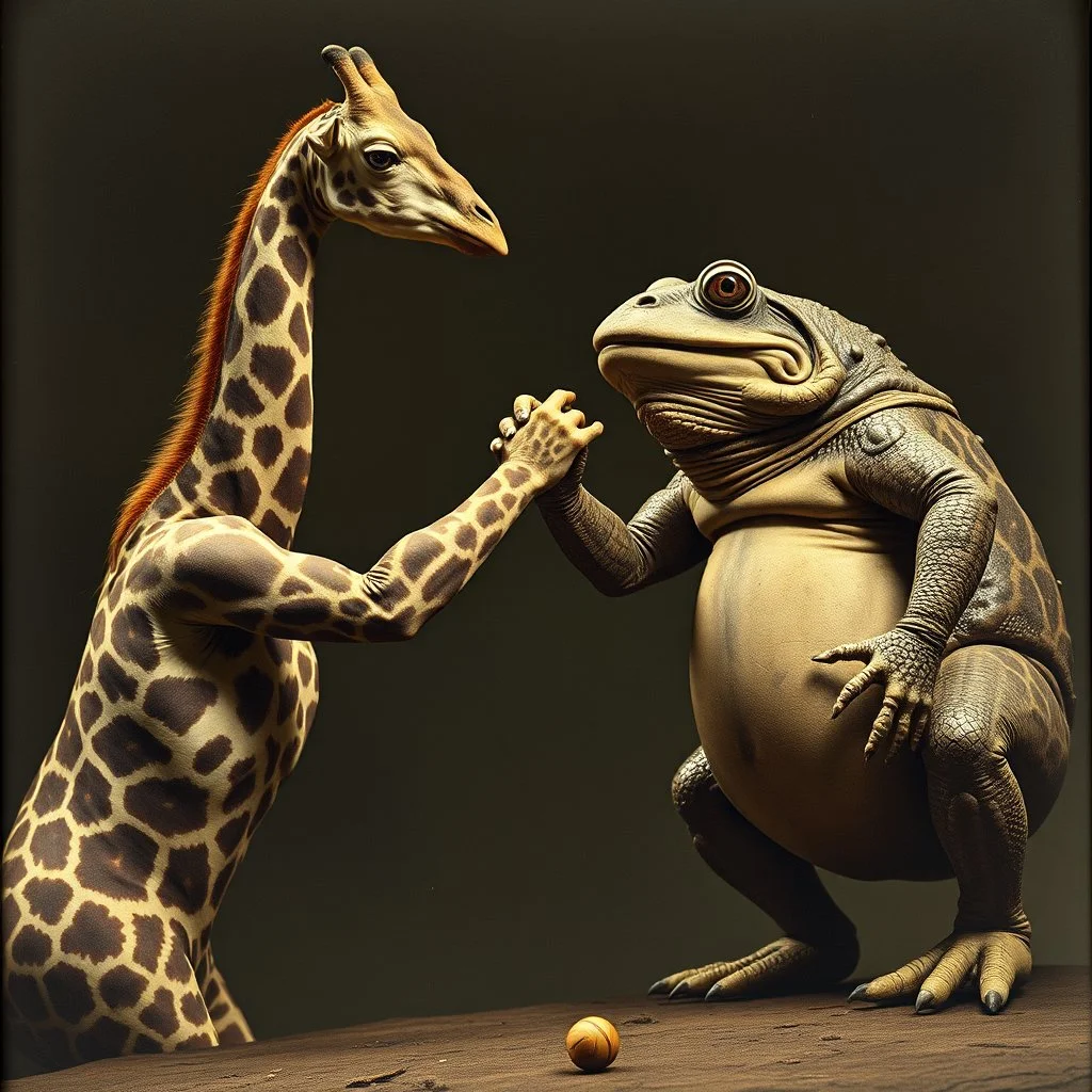 oddball hallucination, anthropomorphic Lovecraftian muscular giraffe in arm-wrestling contest with a colossal obese anthropomorphic bipedal toad, evolutionary mistakes, surreal, sinister, profound, dramatic, creepy, grainy photograph, "Over the Top" movie aesthetic