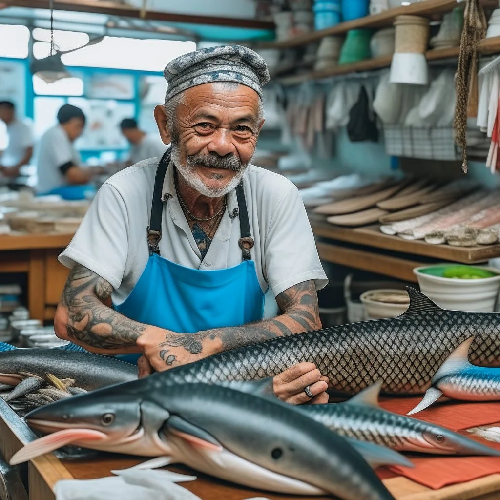 Fishmonger with Sharkteeth and Tattoos