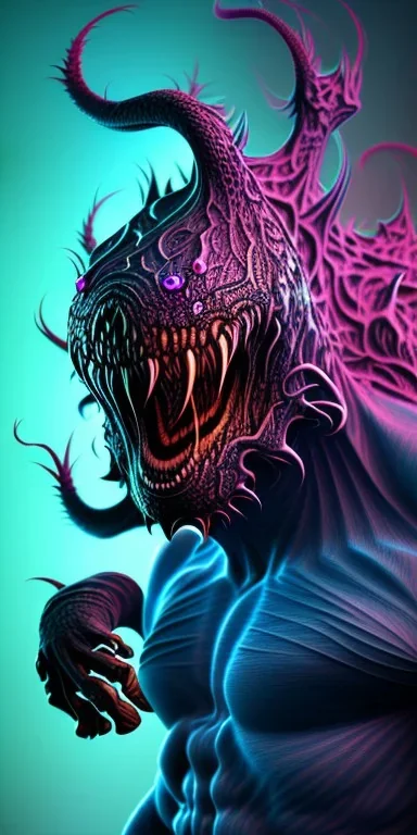 purple venom symbiote with big muscles and big claws and teal smoke background